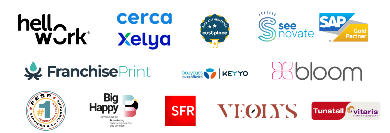 Partenaires et outils du réseau Essentiel & Domicile : HelloWork, Cerca Xelya, Custplace, Seenovate, SAP Gold Partner, FranchisePrint, Keyyo, Bloom, FESP, Big Happy, SFR, Veolys, Tunstall Vitaris