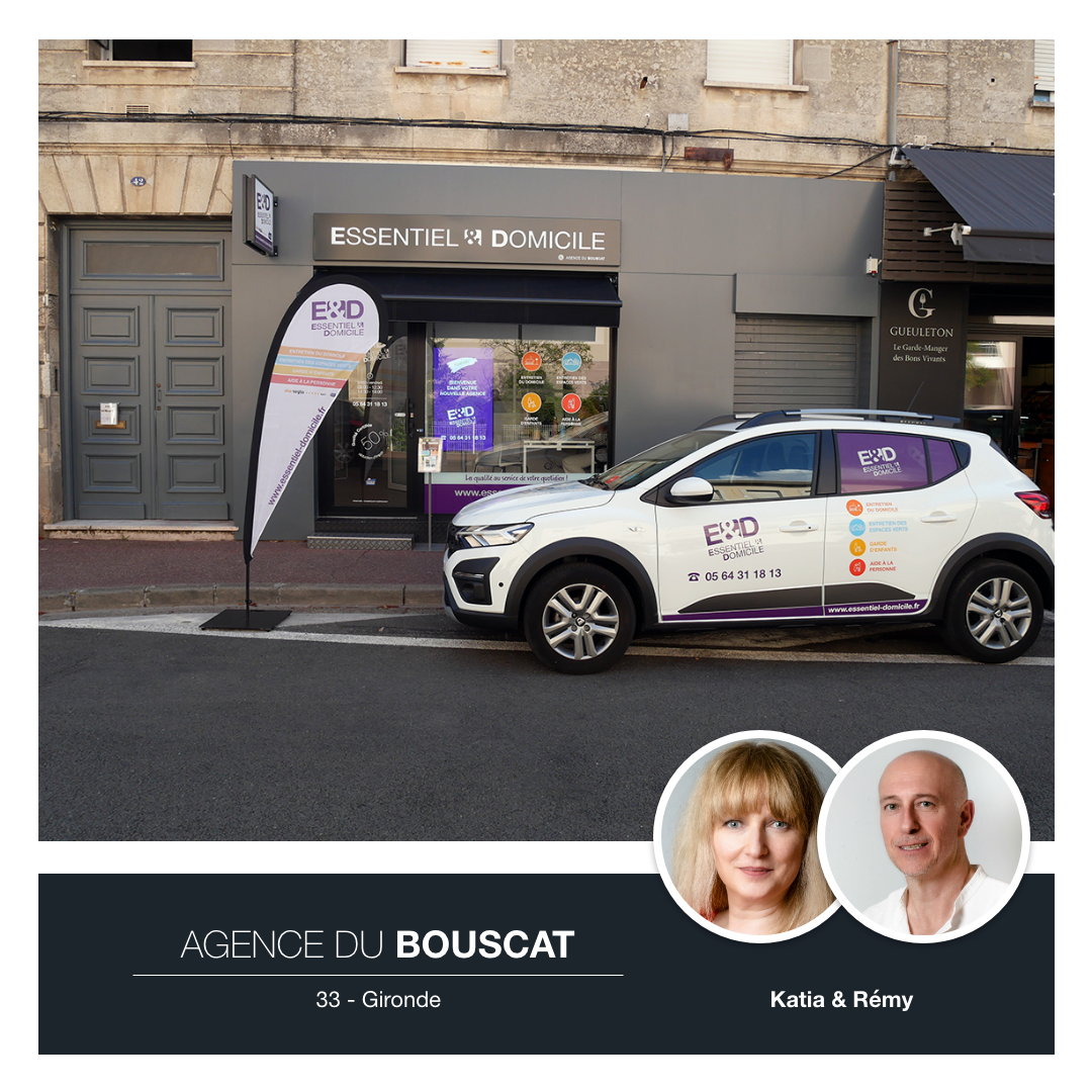 Agence Essentiel & Domicile du Bouscat, Gironde, avec les franchisés Katia et Rémy Renaud-Drillaud